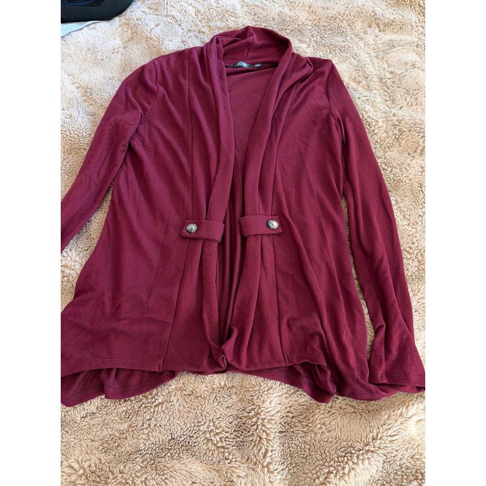 CURE Women Burgundy Open Front Draped Shawl Collar Button Tab Cardigan Size M